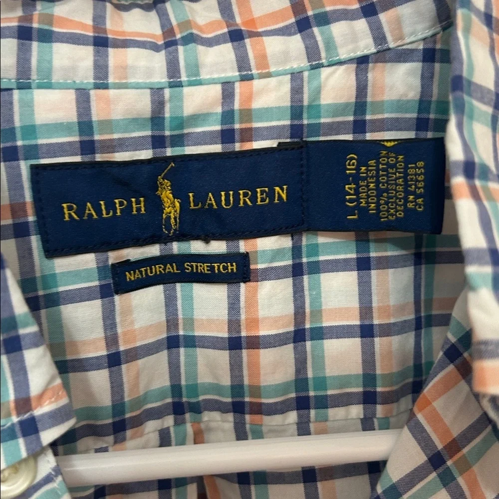 Ralph Lauren Short Sleeve Plaid Button Down Shirt size large 14–16 white blue
